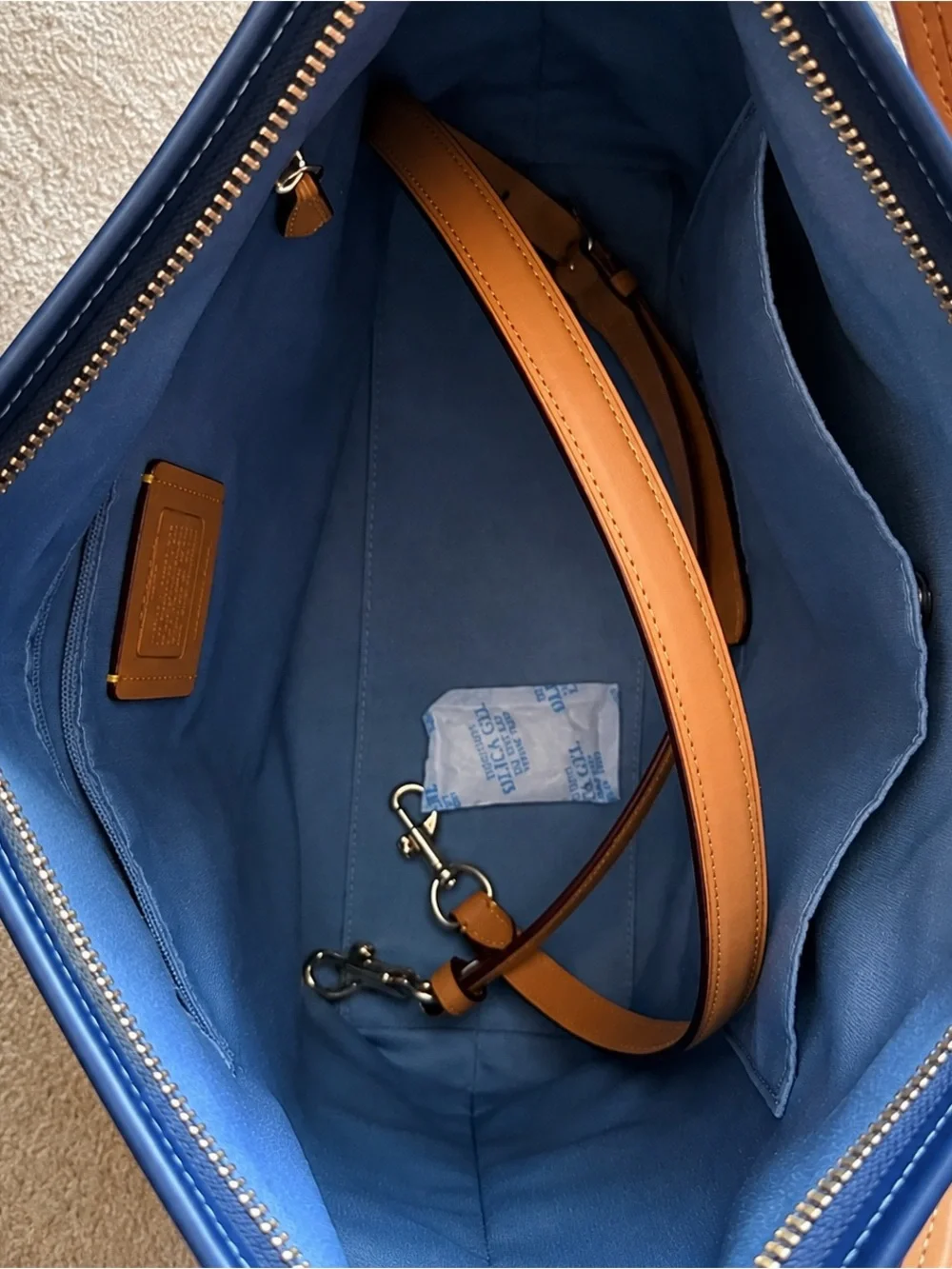 Coach Blue Signature Jacquard Hobo with Tan Leather Strap